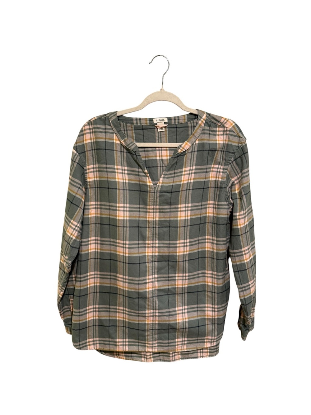 L.L. Bean Olive and Light Pink Plaid Split-Neck Tunic - Size Medium